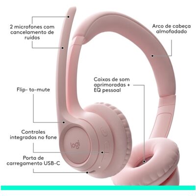Fone de Ouvido Headset Logitech com Fio USB H390 Rosa
