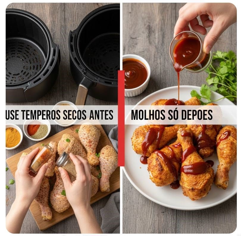 Use temperos secos antes de colocar na Fritadeira Air Fryer e molhos só depois.